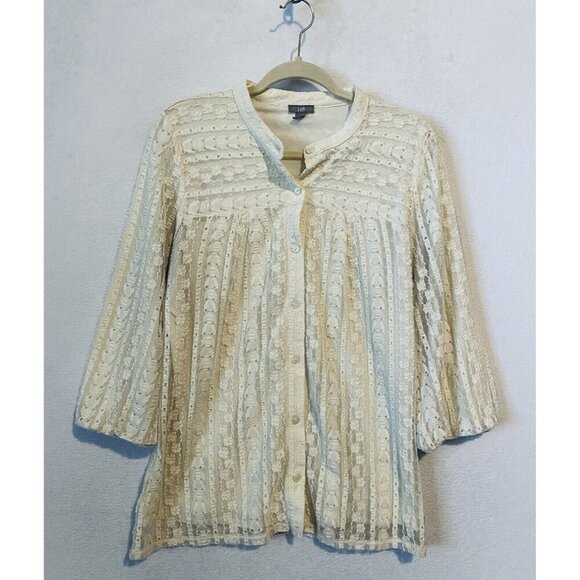 J Jill Top Womens Medium Ivory Lace Button Up 3/4 Sleeve Cottagecore Romantic - Picture 1 of 7
